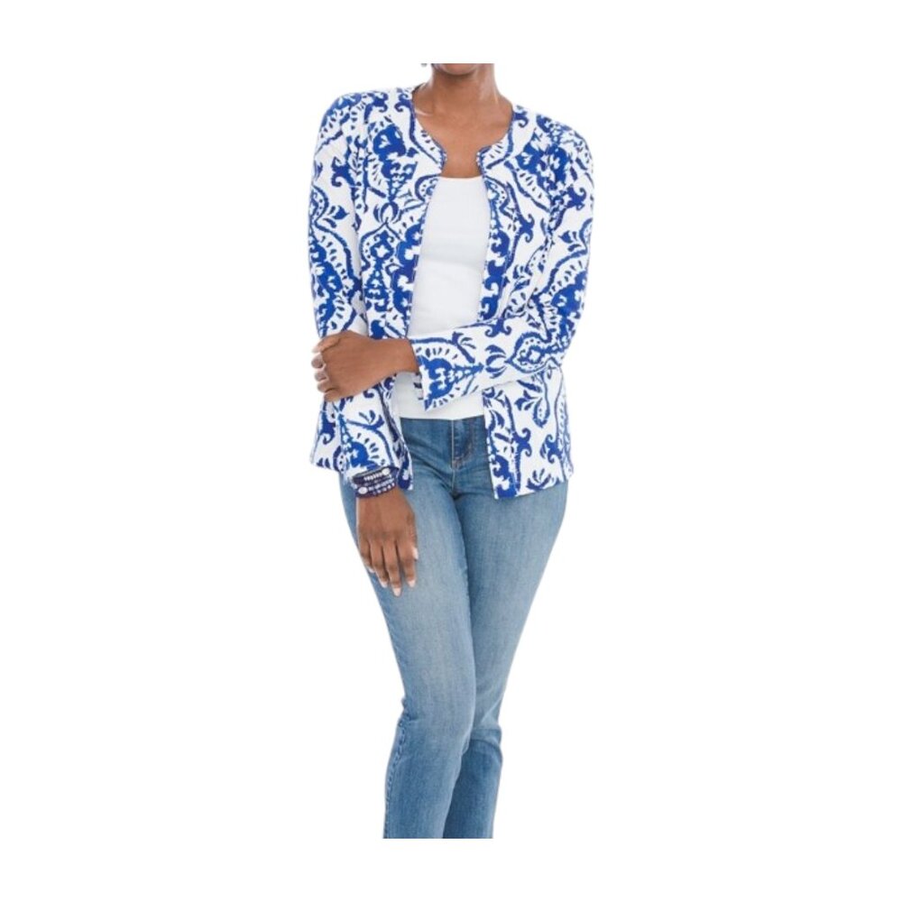 Chico's Blue & White Floral Stretch Jacket Hook & Eye closure. Size 2 (US L).